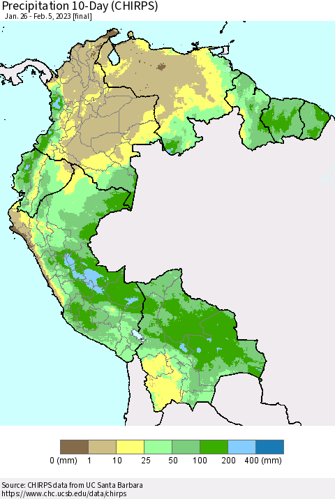 Northern South America Precipitation 10-Day (CHIRPS) Thematic Map For 1/26/2023 - 2/5/2023