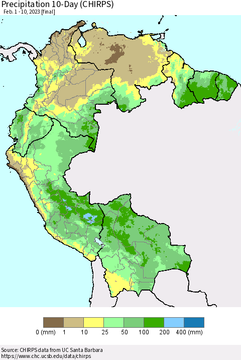 Northern South America Precipitation 10-Day (CHIRPS) Thematic Map For 2/1/2023 - 2/10/2023