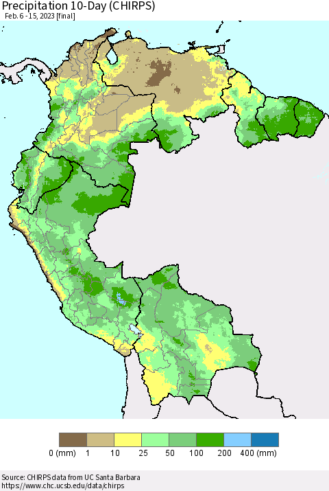 Northern South America Precipitation 10-Day (CHIRPS) Thematic Map For 2/6/2023 - 2/15/2023