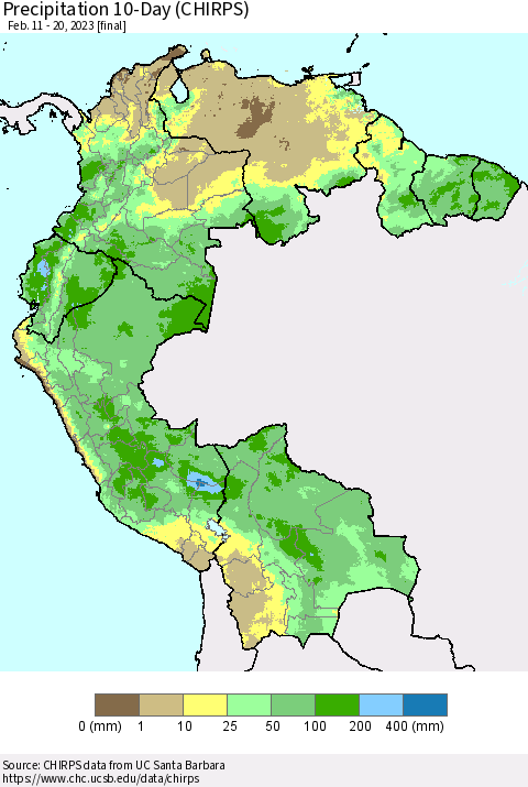 Northern South America Precipitation 10-Day (CHIRPS) Thematic Map For 2/11/2023 - 2/20/2023