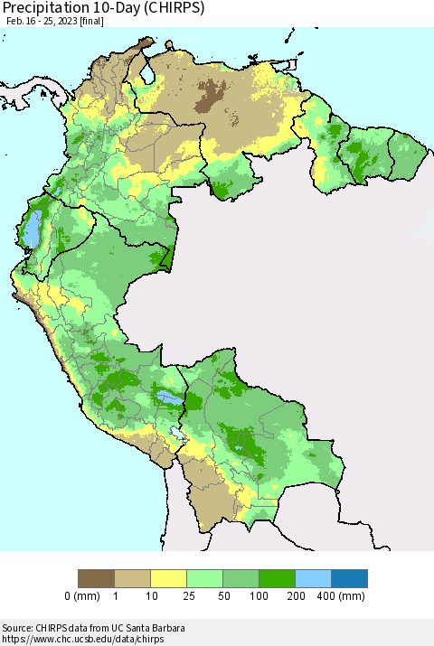 Northern South America Precipitation 10-Day (CHIRPS) Thematic Map For 2/16/2023 - 2/25/2023