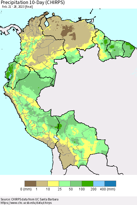 Northern South America Precipitation 10-Day (CHIRPS) Thematic Map For 2/21/2023 - 2/28/2023