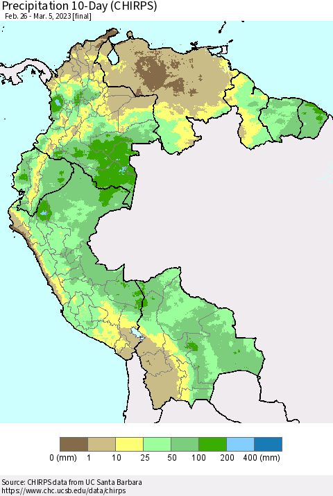 Northern South America Precipitation 10-Day (CHIRPS) Thematic Map For 2/26/2023 - 3/5/2023