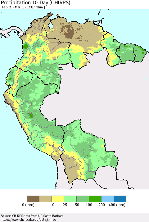 Northern South America Precipitation 10-Day (CHIRPS) Thematic Map For 2/26/2023 - 3/5/2023