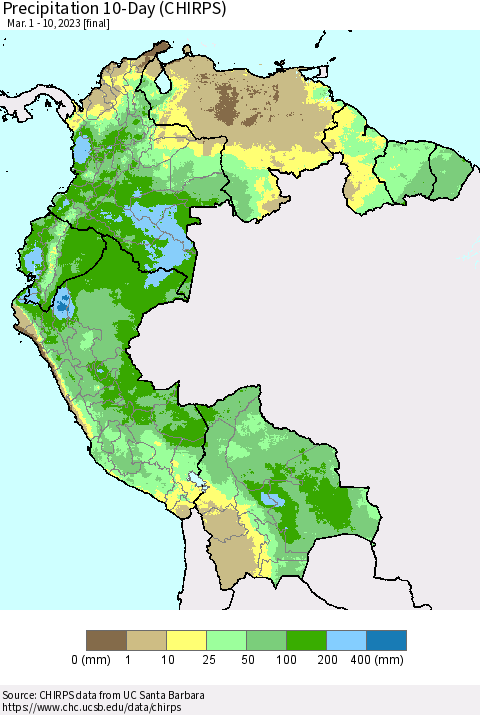 Northern South America Precipitation 10-Day (CHIRPS) Thematic Map For 3/1/2023 - 3/10/2023