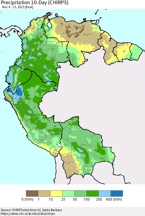 Northern South America Precipitation 10-Day (CHIRPS) Thematic Map For 3/6/2023 - 3/15/2023