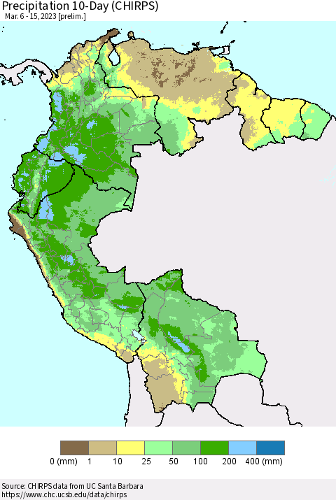 Northern South America Precipitation 10-Day (CHIRPS) Thematic Map For 3/6/2023 - 3/15/2023