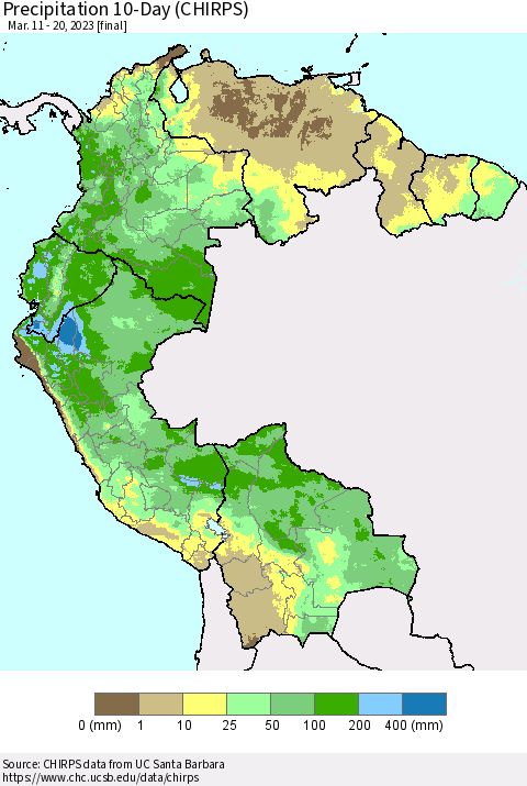 Northern South America Precipitation 10-Day (CHIRPS) Thematic Map For 3/11/2023 - 3/20/2023