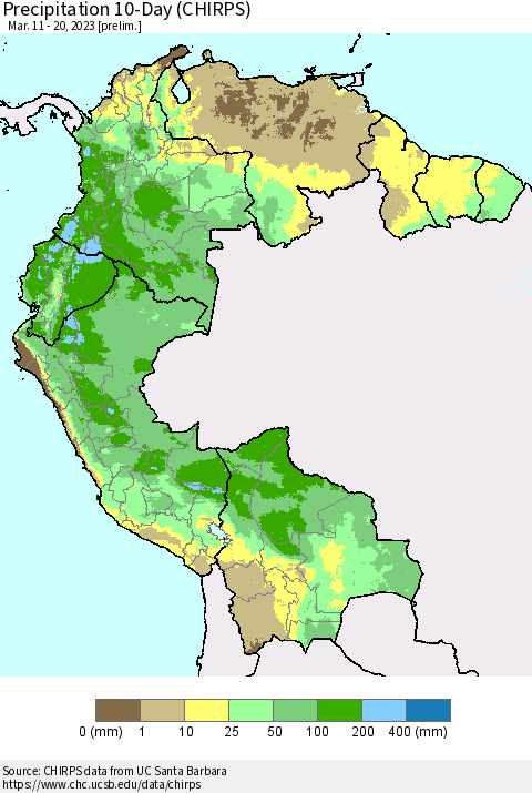 Northern South America Precipitation 10-Day (CHIRPS) Thematic Map For 3/11/2023 - 3/20/2023