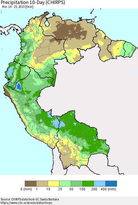 Northern South America Precipitation 10-Day (CHIRPS) Thematic Map For 3/16/2023 - 3/25/2023