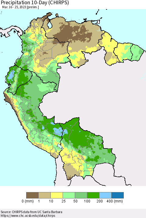 Northern South America Precipitation 10-Day (CHIRPS) Thematic Map For 3/16/2023 - 3/25/2023