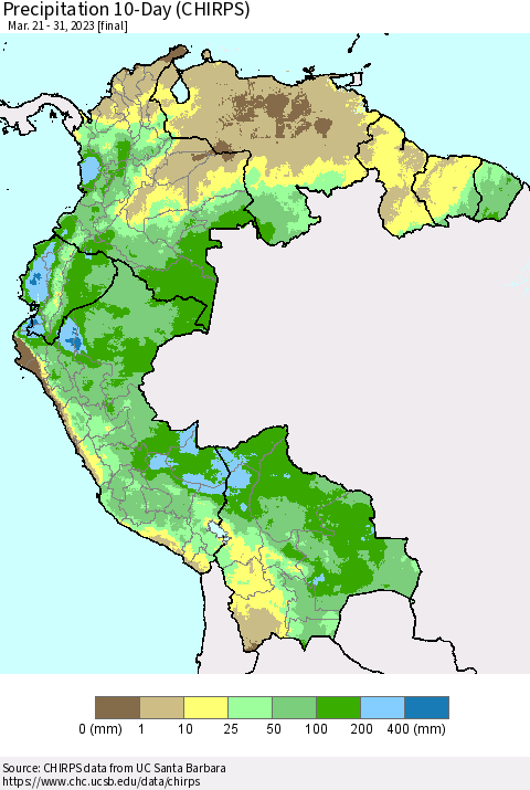 Northern South America Precipitation 10-Day (CHIRPS) Thematic Map For 3/21/2023 - 3/31/2023
