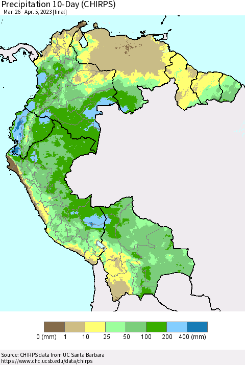 Northern South America Precipitation 10-Day (CHIRPS) Thematic Map For 3/26/2023 - 4/5/2023