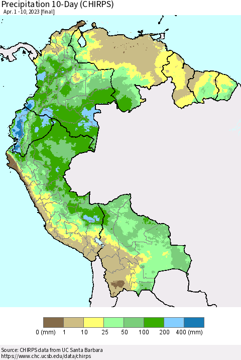 Northern South America Precipitation 10-Day (CHIRPS) Thematic Map For 4/1/2023 - 4/10/2023