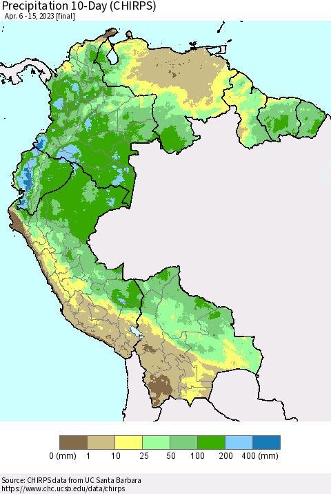 Northern South America Precipitation 10-Day (CHIRPS) Thematic Map For 4/6/2023 - 4/15/2023