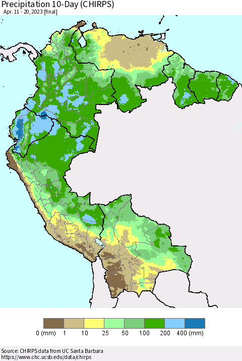 Northern South America Precipitation 10-Day (CHIRPS) Thematic Map For 4/11/2023 - 4/20/2023