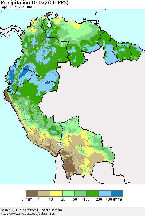 Northern South America Precipitation 10-Day (CHIRPS) Thematic Map For 4/16/2023 - 4/25/2023
