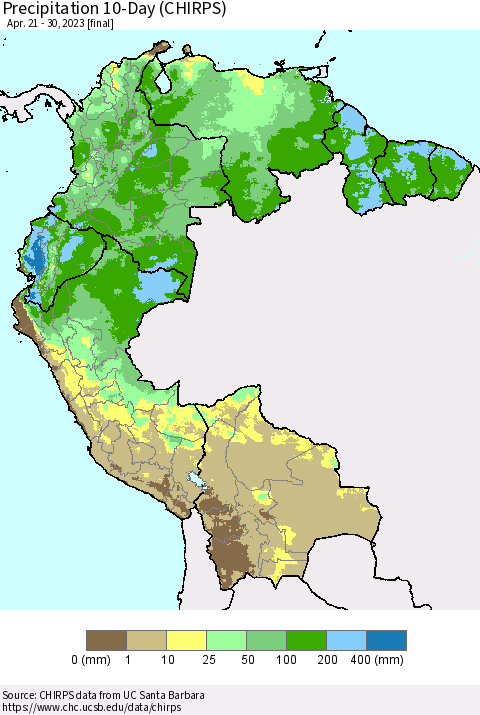 Northern South America Precipitation 10-Day (CHIRPS) Thematic Map For 4/21/2023 - 4/30/2023