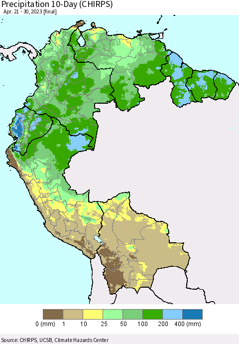 Northern South America Precipitation 10-Day (CHIRPS) Thematic Map For 4/21/2023 - 4/30/2023