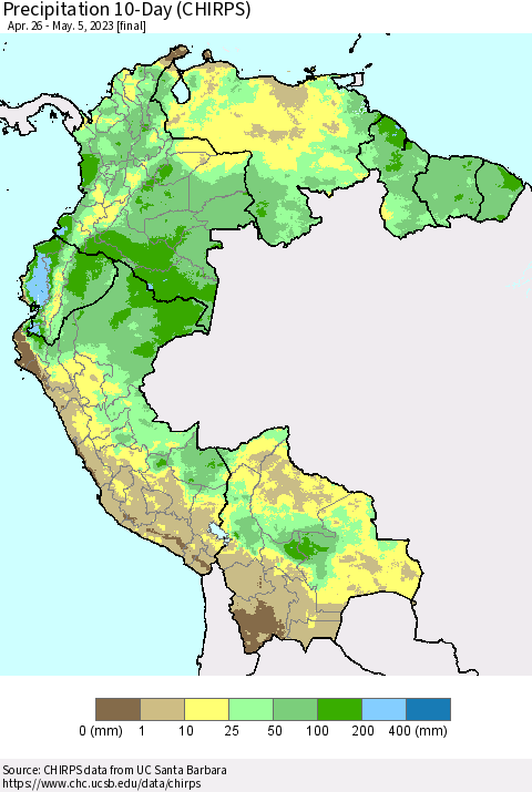 Northern South America Precipitation 10-Day (CHIRPS) Thematic Map For 4/26/2023 - 5/5/2023