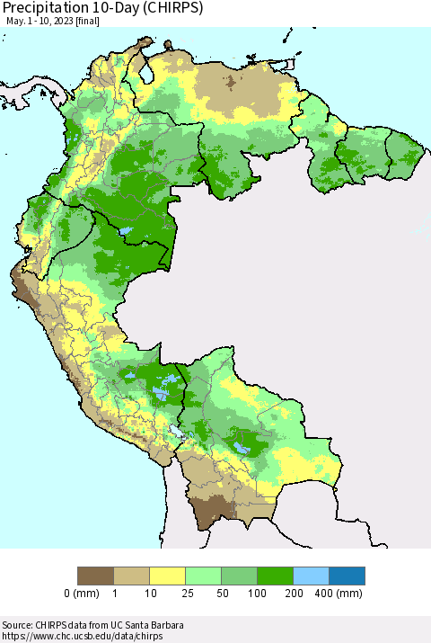 Northern South America Precipitation 10-Day (CHIRPS) Thematic Map For 5/1/2023 - 5/10/2023