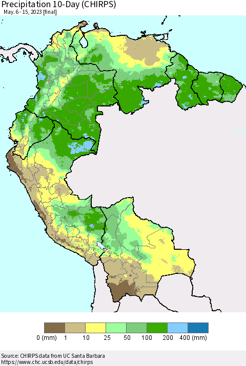 Northern South America Precipitation 10-Day (CHIRPS) Thematic Map For 5/6/2023 - 5/15/2023