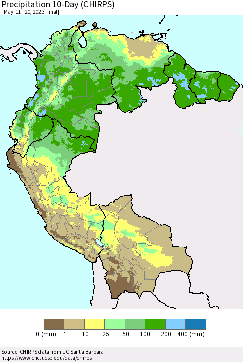 Northern South America Precipitation 10-Day (CHIRPS) Thematic Map For 5/11/2023 - 5/20/2023