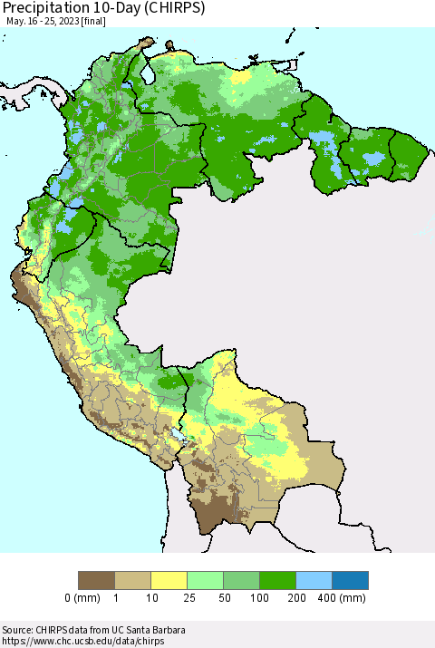 Northern South America Precipitation 10-Day (CHIRPS) Thematic Map For 5/16/2023 - 5/25/2023