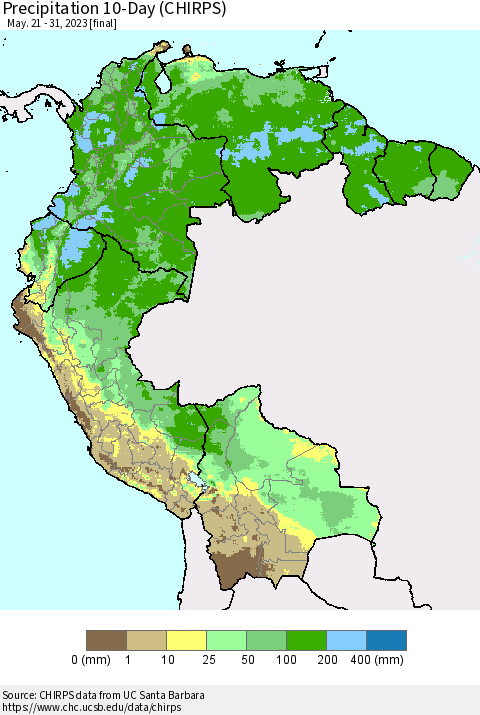 Northern South America Precipitation 10-Day (CHIRPS) Thematic Map For 5/21/2023 - 5/31/2023
