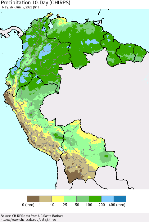 Northern South America Precipitation 10-Day (CHIRPS) Thematic Map For 5/26/2023 - 6/5/2023