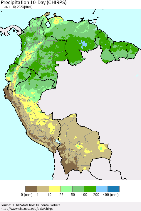 Northern South America Precipitation 10-Day (CHIRPS) Thematic Map For 6/1/2023 - 6/10/2023