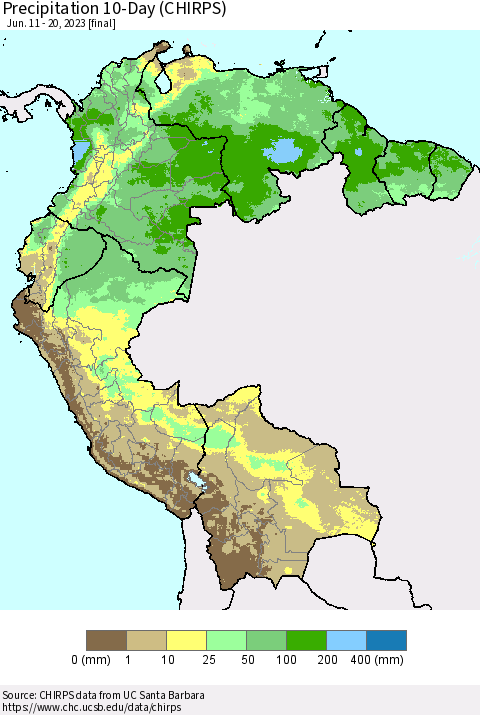 Northern South America Precipitation 10-Day (CHIRPS) Thematic Map For 6/11/2023 - 6/20/2023
