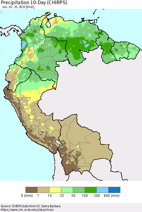 Northern South America Precipitation 10-Day (CHIRPS) Thematic Map For 6/16/2023 - 6/25/2023
