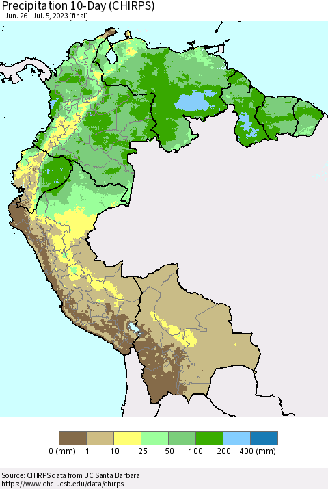 Northern South America Precipitation 10-Day (CHIRPS) Thematic Map For 6/26/2023 - 7/5/2023