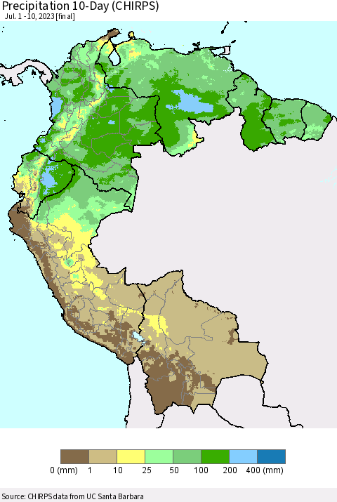 Northern South America Precipitation 10-Day (CHIRPS) Thematic Map For 7/1/2023 - 7/10/2023
