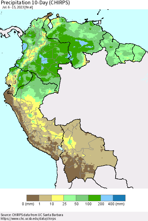 Northern South America Precipitation 10-Day (CHIRPS) Thematic Map For 7/6/2023 - 7/15/2023