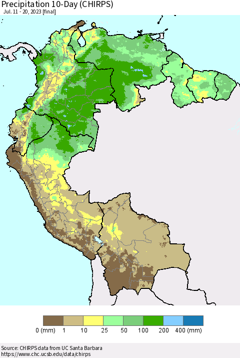 Northern South America Precipitation 10-Day (CHIRPS) Thematic Map For 7/11/2023 - 7/20/2023