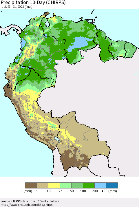 Northern South America Precipitation 10-Day (CHIRPS) Thematic Map For 7/21/2023 - 7/31/2023