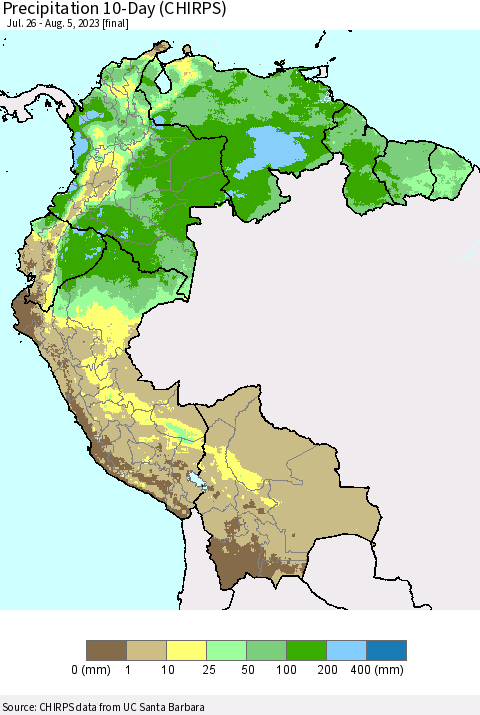 Northern South America Precipitation 10-Day (CHIRPS) Thematic Map For 7/26/2023 - 8/5/2023