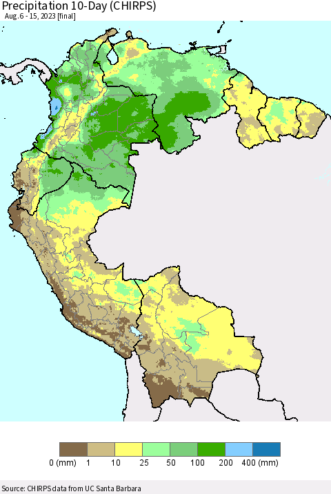 Northern South America Precipitation 10-Day (CHIRPS) Thematic Map For 8/6/2023 - 8/15/2023