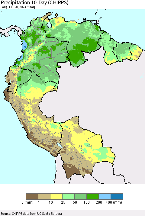 Northern South America Precipitation 10-Day (CHIRPS) Thematic Map For 8/11/2023 - 8/20/2023