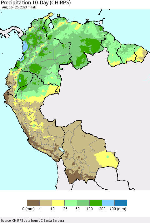 Northern South America Precipitation 10-Day (CHIRPS) Thematic Map For 8/16/2023 - 8/25/2023
