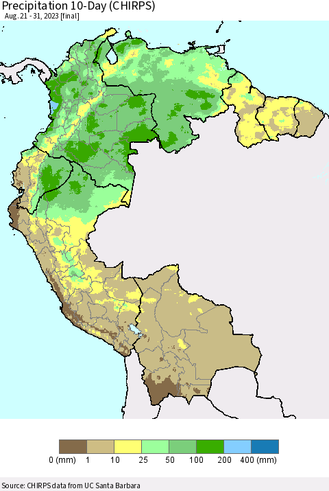 Northern South America Precipitation 10-Day (CHIRPS) Thematic Map For 8/21/2023 - 8/31/2023