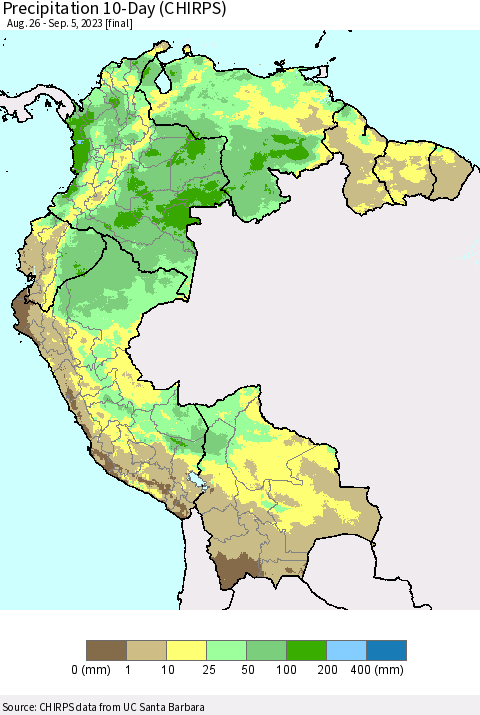 Northern South America Precipitation 10-Day (CHIRPS) Thematic Map For 8/26/2023 - 9/5/2023