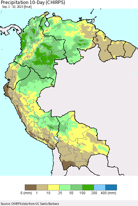 Northern South America Precipitation 10-Day (CHIRPS) Thematic Map For 9/1/2023 - 9/10/2023