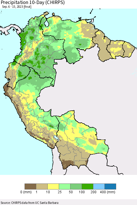 Northern South America Precipitation 10-Day (CHIRPS) Thematic Map For 9/6/2023 - 9/15/2023