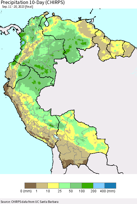 Northern South America Precipitation 10-Day (CHIRPS) Thematic Map For 9/11/2023 - 9/20/2023