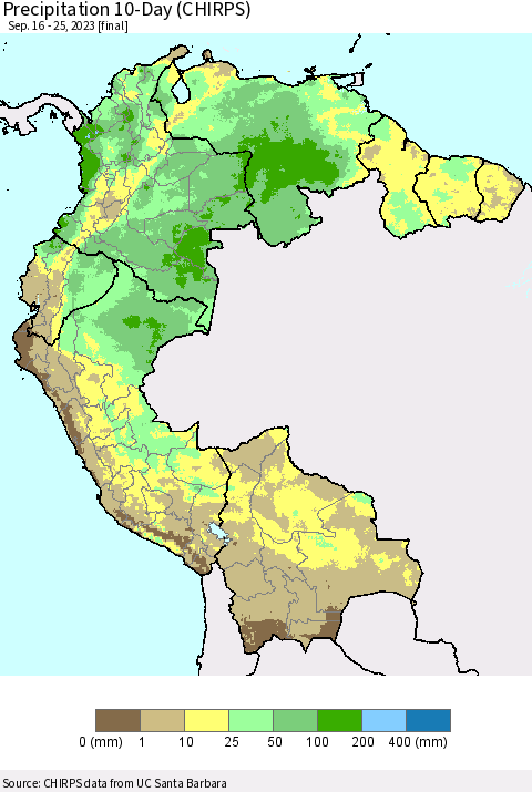 Northern South America Precipitation 10-Day (CHIRPS) Thematic Map For 9/16/2023 - 9/25/2023