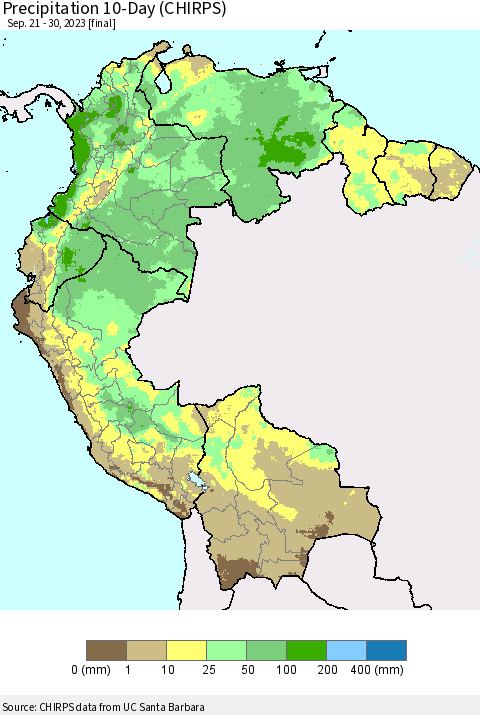 Northern South America Precipitation 10-Day (CHIRPS) Thematic Map For 9/21/2023 - 9/30/2023