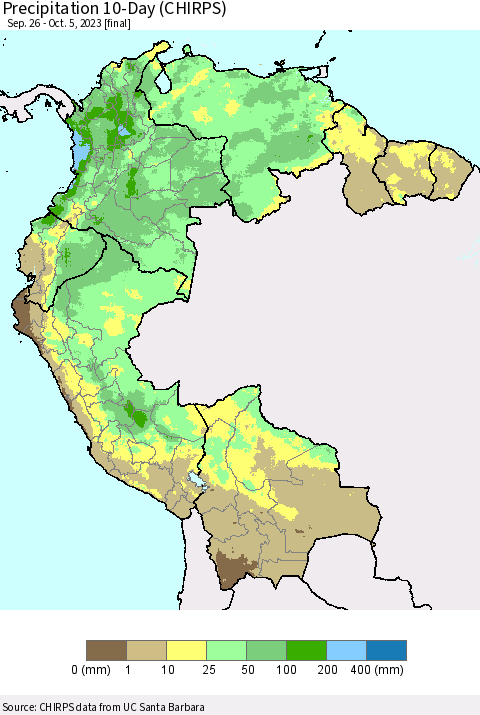 Northern South America Precipitation 10-Day (CHIRPS) Thematic Map For 9/26/2023 - 10/5/2023